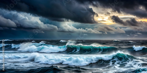 Dark, moody winter ocean with rolling storm swells