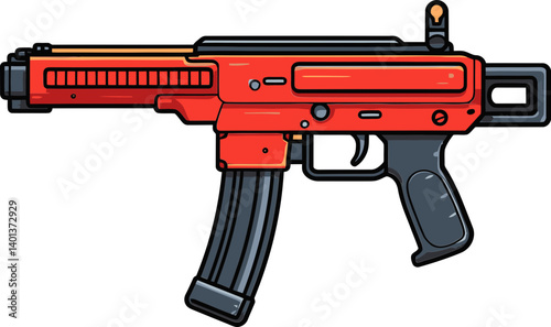 Submachine Gun with Muzzle Flash and Smoke of Submachine Gun in Firing Mode