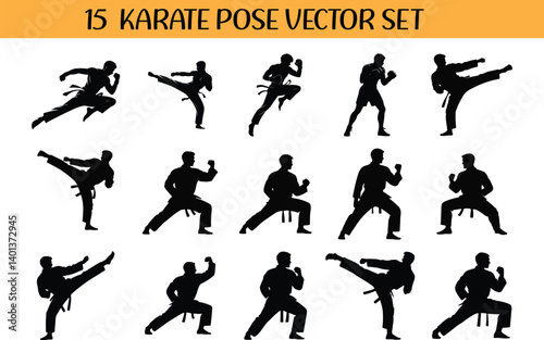 Karate Pose Vector Set Dynamic Martial Arts Silhouettes set
