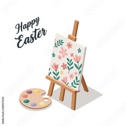 Colorful Easter-themed painting on easel with paint palette in flat vector art