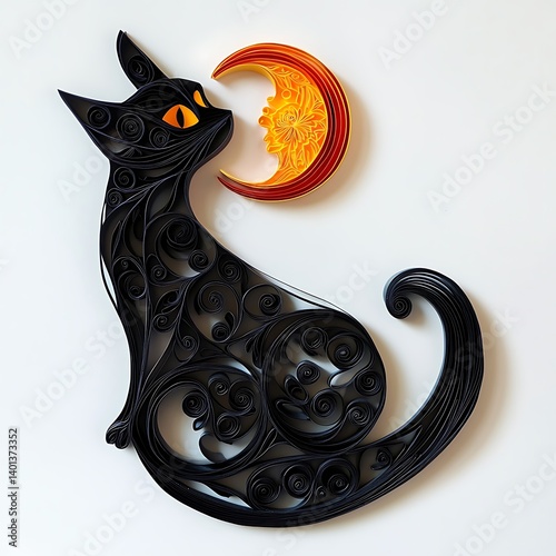 Paper quilled feline with orange swirl moon decoration photo