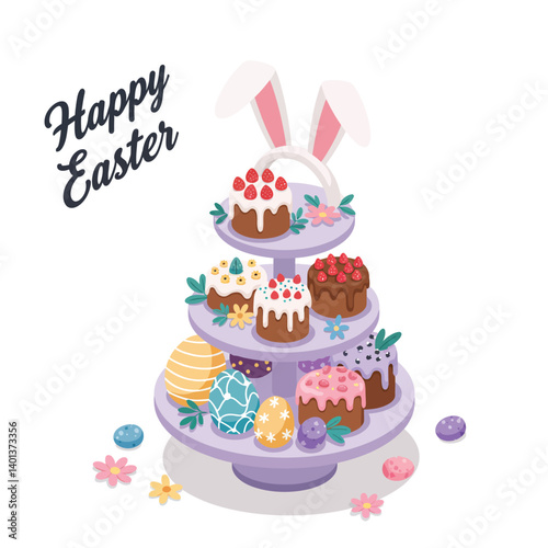Easter cake stand with colorful desserts in flat vector illustration
