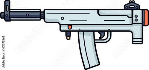 Digital Submachine Gun with Silencer and Muzzle Submachine Gun with Muzzle Flash and Magazine Vector