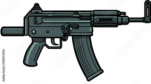 Digital Submachine Gun with Laser Targeting Submachine Gun with Flashlight and Stock Vector