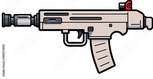 Submachine Gun in Military Combat with Silencer Submachine Gun with Adjustable Grip and Magazine PNG