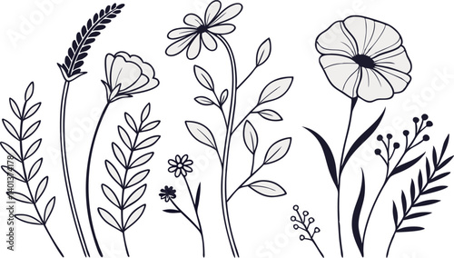 Minimal botanical  line art of wildflowers and herbs graphic sketch drawing. floral elements trendy tiny tattoo design. silhouette vector illustration.