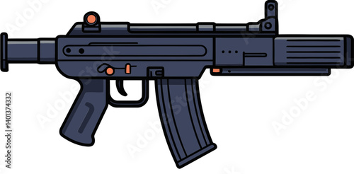Submachine Gun with Enhanced Barrel and Scope Military Submachine Gun with Firing Effects PNG