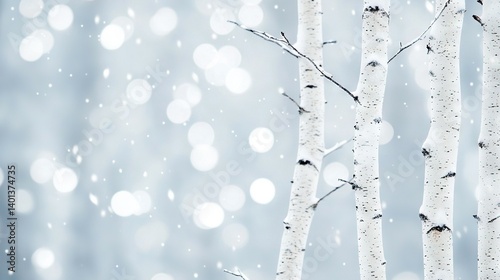   A group of white birch trees with snowfall descending upon them and snowflakes scattered about in the surroundings