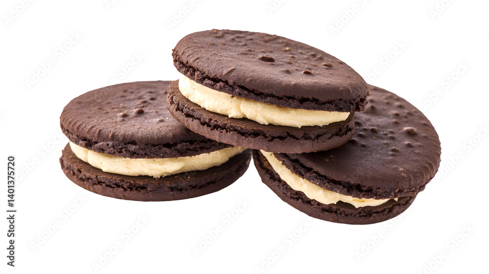 Delicious Chocolate and Cream Sandwich Cookies on White Background Delicious Chocolate and Cream Sandwich Cookies on White Background