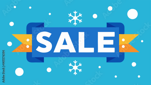 Sale Sign with Snowflakes A bold sale sign adorned with sparkling white and blue Christmas lights complemented by falling snowflakes in the background.