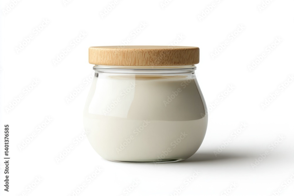 A glass jar filled with dairy, such as cream or yogurt, isolated on a white background, mock-up template with a clean clipping path.