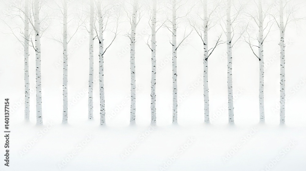 Fototapeta premium A snowy forest scene featuring a lone tree without leaves amidst a cluster of trees blanketed in white snow