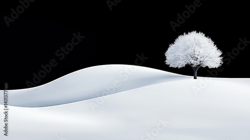   A solitary white tree on a snow-covered hill against a backdrop of black sky