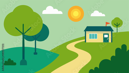Nature Path to Store A winding path lined with trees leading to a small shop with a green roof with a warm sun glowing in the sky and EcoFriendly Store sign by the entrance.
