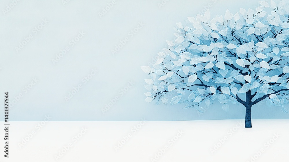 Obraz premium A blue tree stands tall amidst a snow-covered field, its white leaves fluttering softly against the blue sky