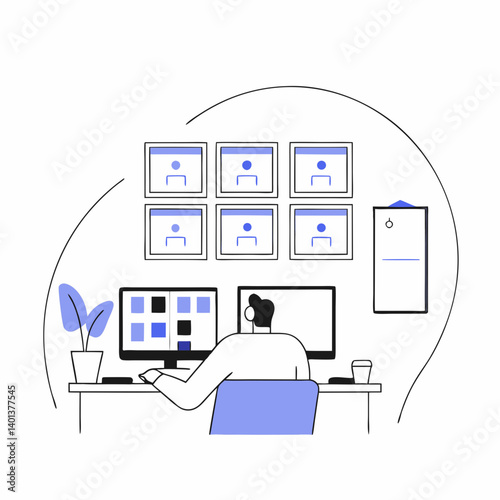 Social media manager at desk with multiple screens, scheduling posts and viewing analytics