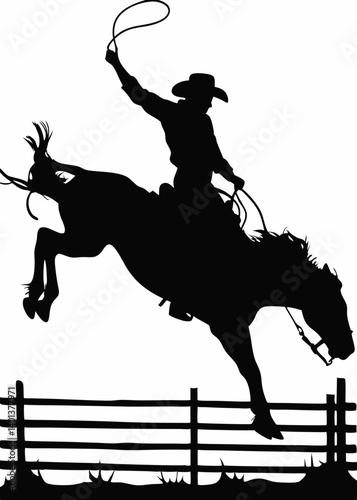 Vector silhouette of a rodeo cowboy riding a bucking bronc In the saddle bronc rodeo event.