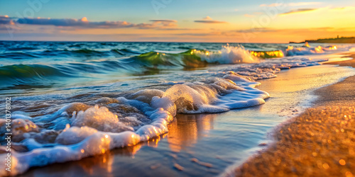 A soft-focus view of gentle waves rolling onto shore