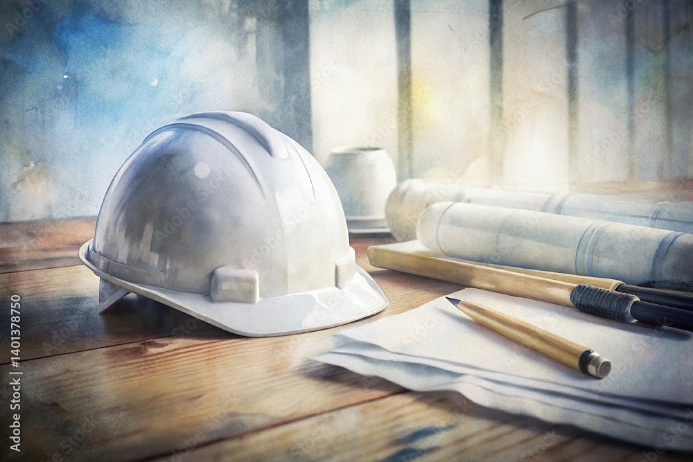 Construction Safety Helmet on a Table with Blueprints, Pens, and Paper in a Light and Airy Workspace for Building Projects
