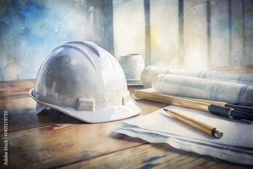 Obraz na płótnie Construction Safety Helmet on a Table with Blueprints, Pens, and Paper in a Light and Airy Workspace for Building Projects w salonie