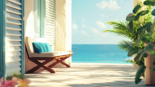 Lounge area with ocean view on sunny day with greenery and bench