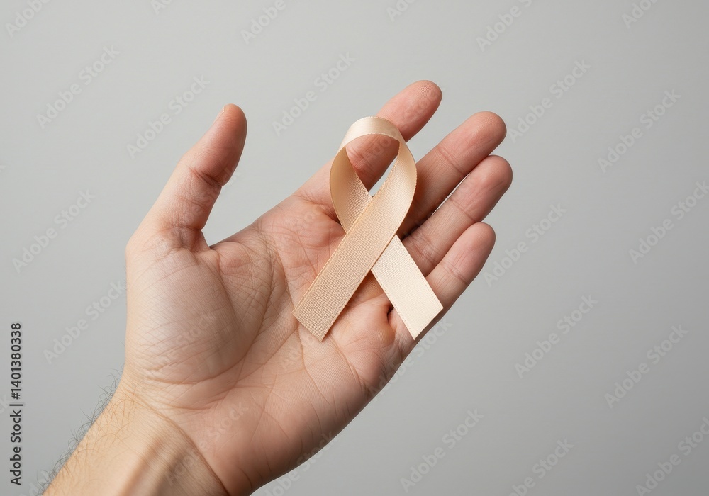 Naklejka premium Close-up of hand holding beige awareness ribbon against light gray background symbolizing support, empathy and advocacy