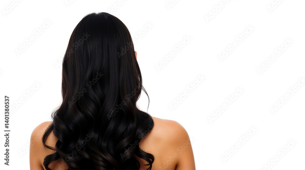 Fototapeta premium Luxurious long black curls cascading down a woman's back against a stark white backdrop.