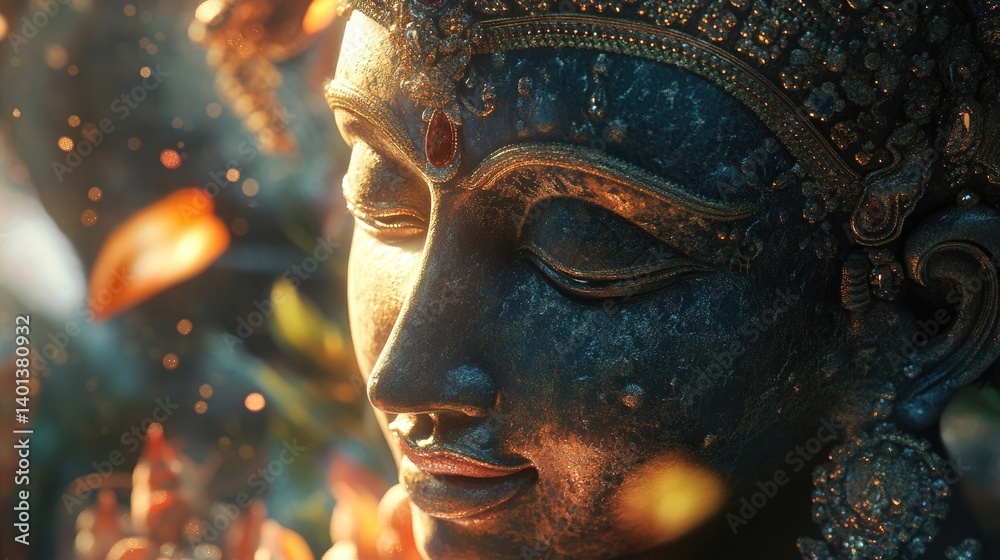 A close-up shot of the deity in the temple, bathed in soft light with intricate details of the idol visible A close-up shot of the deity in the temple, bathed in soft light with intricate details of the idol visible