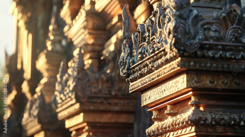 Fototapeta premium A close-up view of the ornate temple architecture, with sunlight highlighting every intricate detail