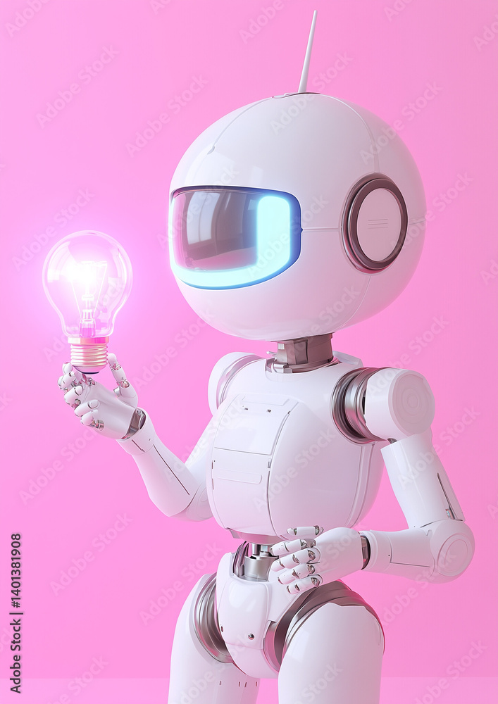 Naklejka premium Minimalist Electrician Robot with Lightbulb – Pastel AI Mockup, Clean Aesthetic & Copy Space for Branding