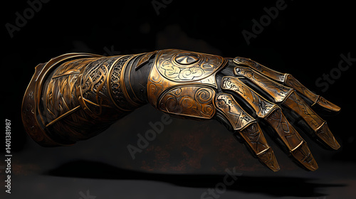 Aged bronze gauntlet with intricate designs. Darkstar Gauntlet. Illustration photo
