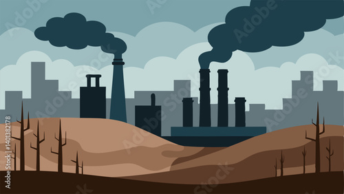 Industrial Skyline A silhouette of factories emitting dark smoke into a cloudy sky surrounded by barren trees and a dry landscape ing air pollution from coal combustion.