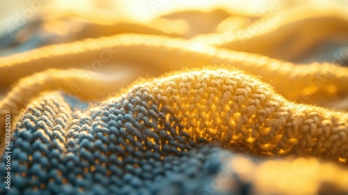 Close-up of textured knit fabric, bathed in warm golden sunlight, showcasing intricate yarn details.