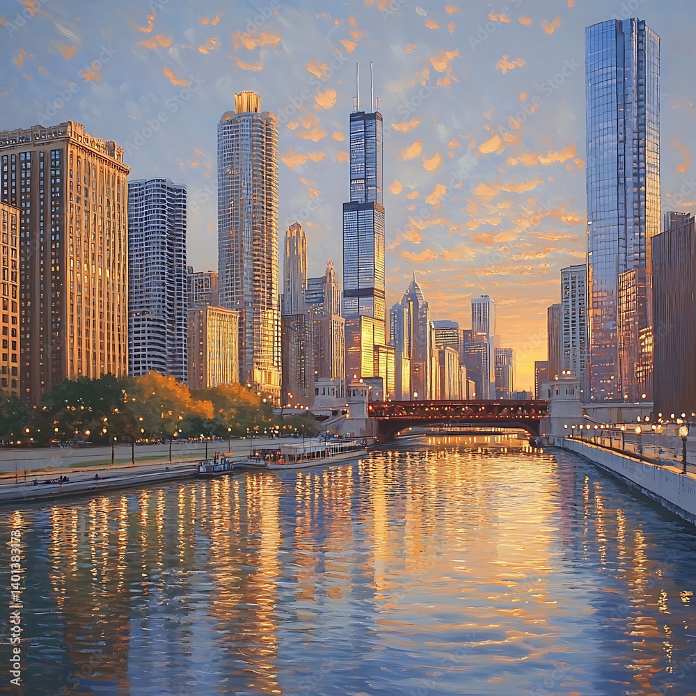 Fototapeta premium Sunset glow over city skyline and water reflection high resolution picture