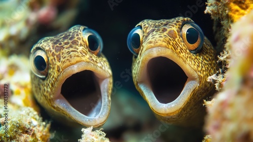 Two surprised fish popping out from coral underwater in a vibrant ocean habitat