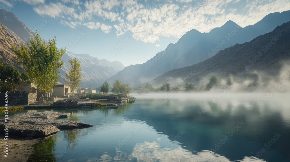 Naklejka premium . A tranquil morning scene at Bada Talab with mist rising from the water