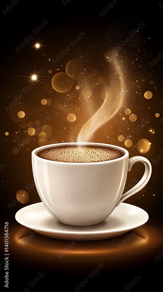 Fototapeta premium Magical coffee cup steaming on dark background