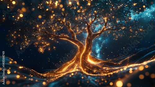 Obraz na płótnie An elegant digital tree glows in a serene night scene, its bright branches and roots intertwining with light, creating a peaceful aura against a starlit cosmic backdrop. Starlit Weave. Illustration w salonie
