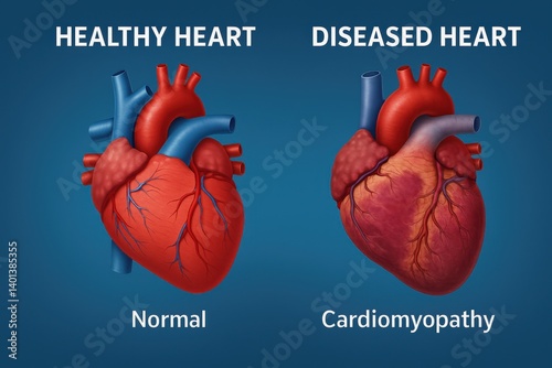 Detailed visual representation of a healthy heart on the left and a diseased heart affected by cardiomyopathy on the right, highlighting structural differences