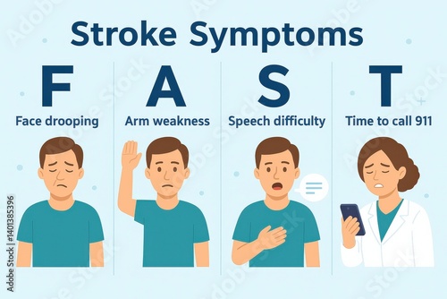 Visual guide highlights the key symptoms of stroke: face drooping, arm weakness, speech difficulty, and the importance of immediate contact with emergency services