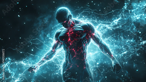 An image of an athletic physique covered in muscle fibers with glowing stimulation from anabolic steroids. Astral Fibers. Illustration