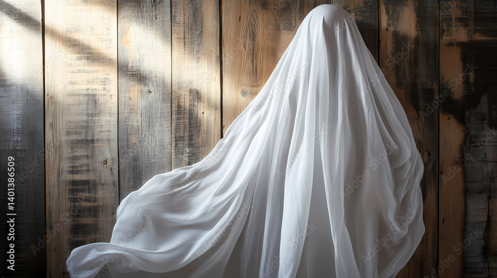 Spectral figure draped in white fabric against wooden wall. Spectral Fabric. Illustration Spectral figure draped in white fabric against wooden wall. Spectral Fabric. Illustration