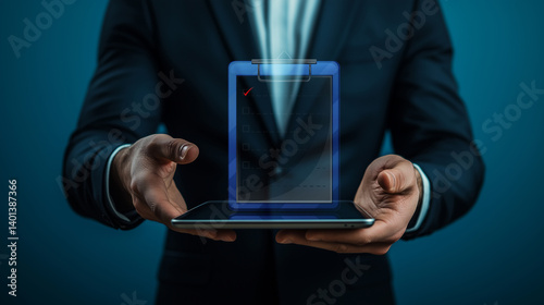 Wallpaper Mural Corporate professional presents digital tablet with open hand in welcoming gesture against a blue background Torontodigital.ca