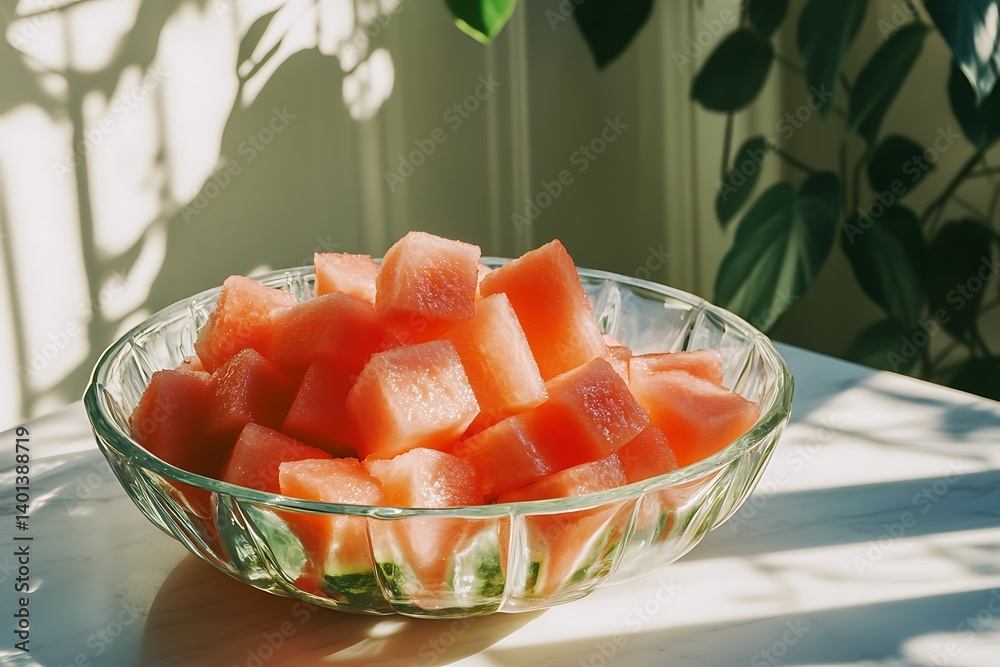 Freshly cut watermelon cubes arranged in a glass bowl on a sunny day Freshly cut watermelon cubes arranged in a glass bowl on a sunny day