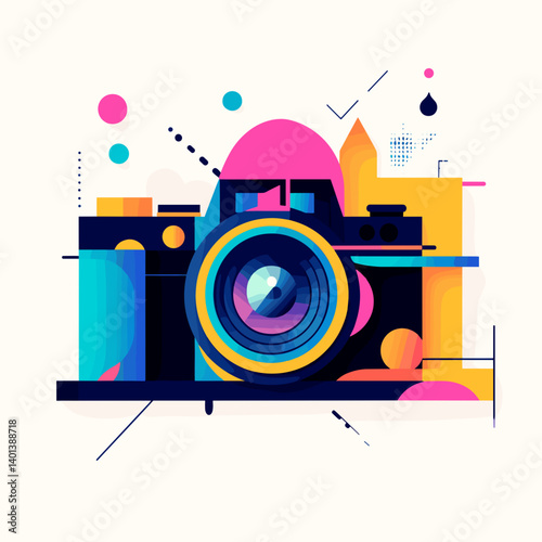 Modern vector illustration of a colorful camera design with geometric shapes and vibrant patterns copy space