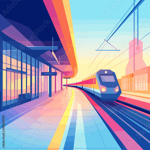 Elegant vector train station illustration with a sleek train and vibrant colors at sunrise, emphasizing modern design copy space