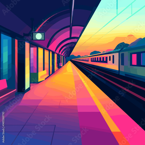 Vibrant vector train station illustration at sunset with colorful platform and modern train design copy space