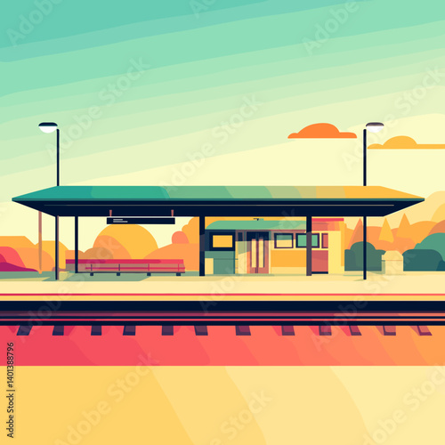 Stylish vector train station illustration with vibrant colors and modern architecture on a serene background copy space