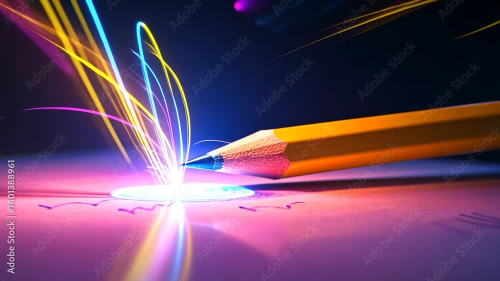 Bright Pencil Sparks Creative Energy on Luminous Surface with Light Trails Effects