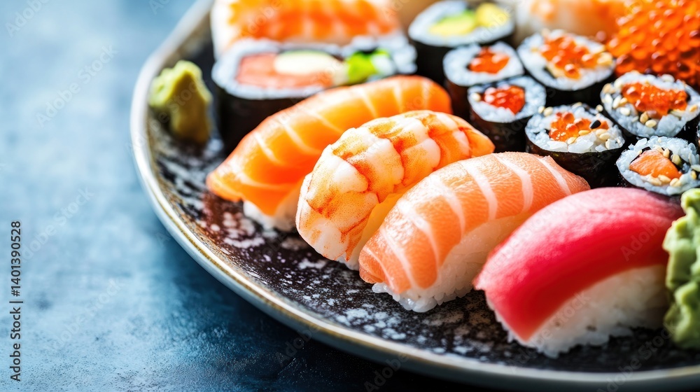 A plate of freshly made sushi with vibrant colors, perfect for food bloggers or restaurant marketing with space for text A plate of freshly made sushi with vibrant colors, perfect for food bloggers or restaurant marketing with space for text